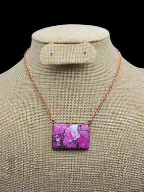 Pink Dahlia Turquoise Rectangle Bar Pendant Copper Chain Necklace Western